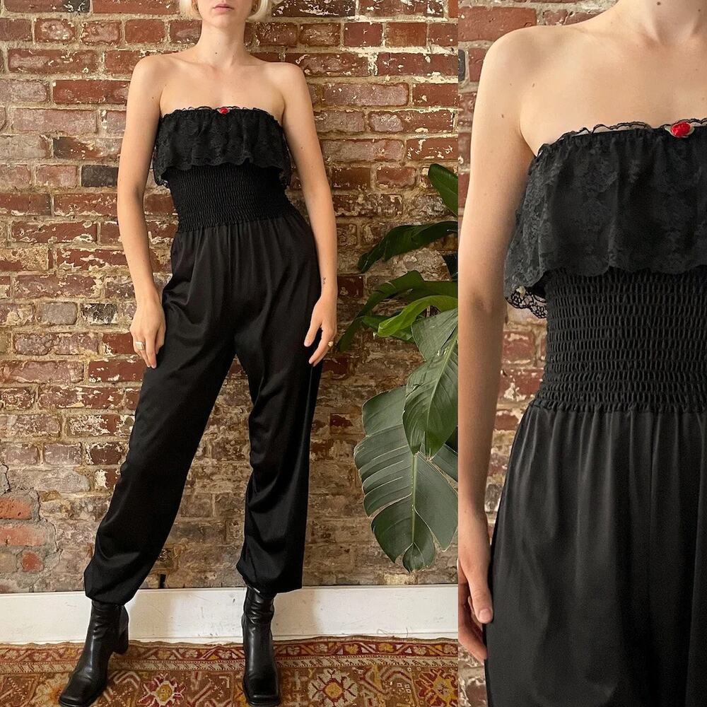 Undercover Wear 80s Vintage Black nylon lace jumpsuit negligee Made USA MEDIUM